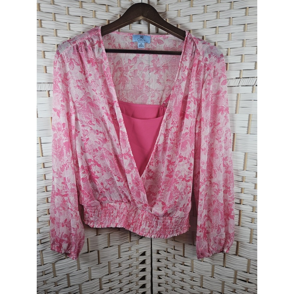Cece Womens 2 Layer Pink Floral Top Metallic Accents Sz M Bloomcore Cottagecore